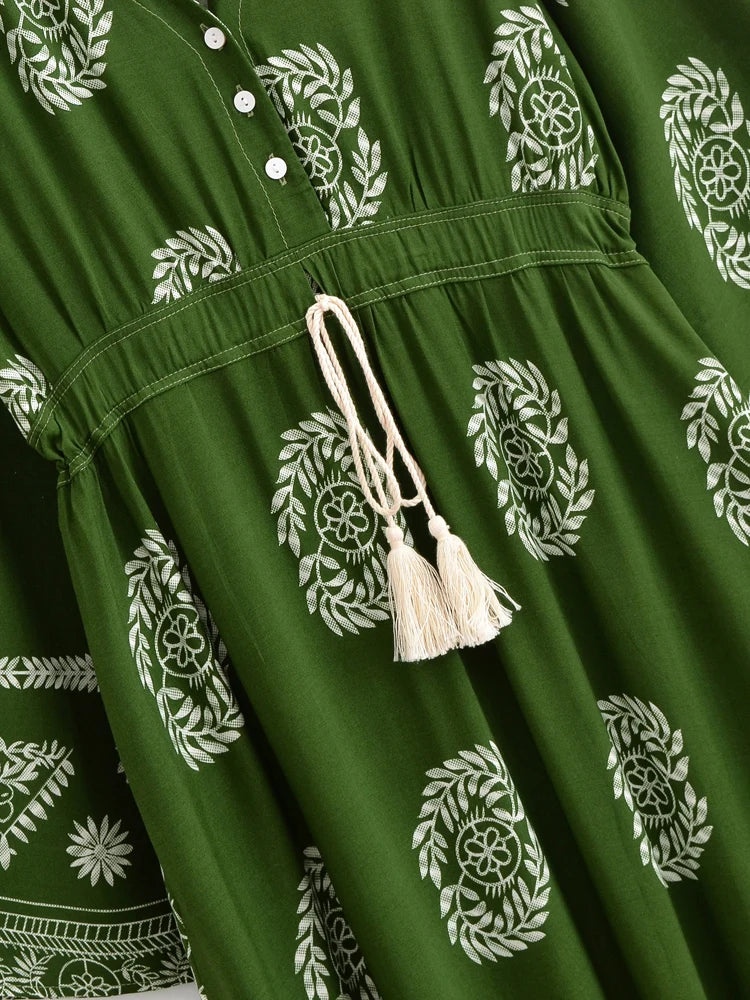 Sagewood Green Boho Floral Print Maxi Dress