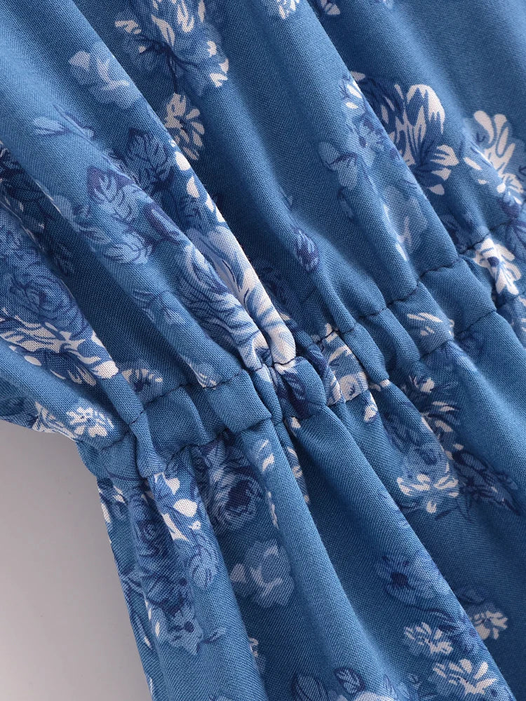 Cottage Blue Boho Floral Print Mini Dress