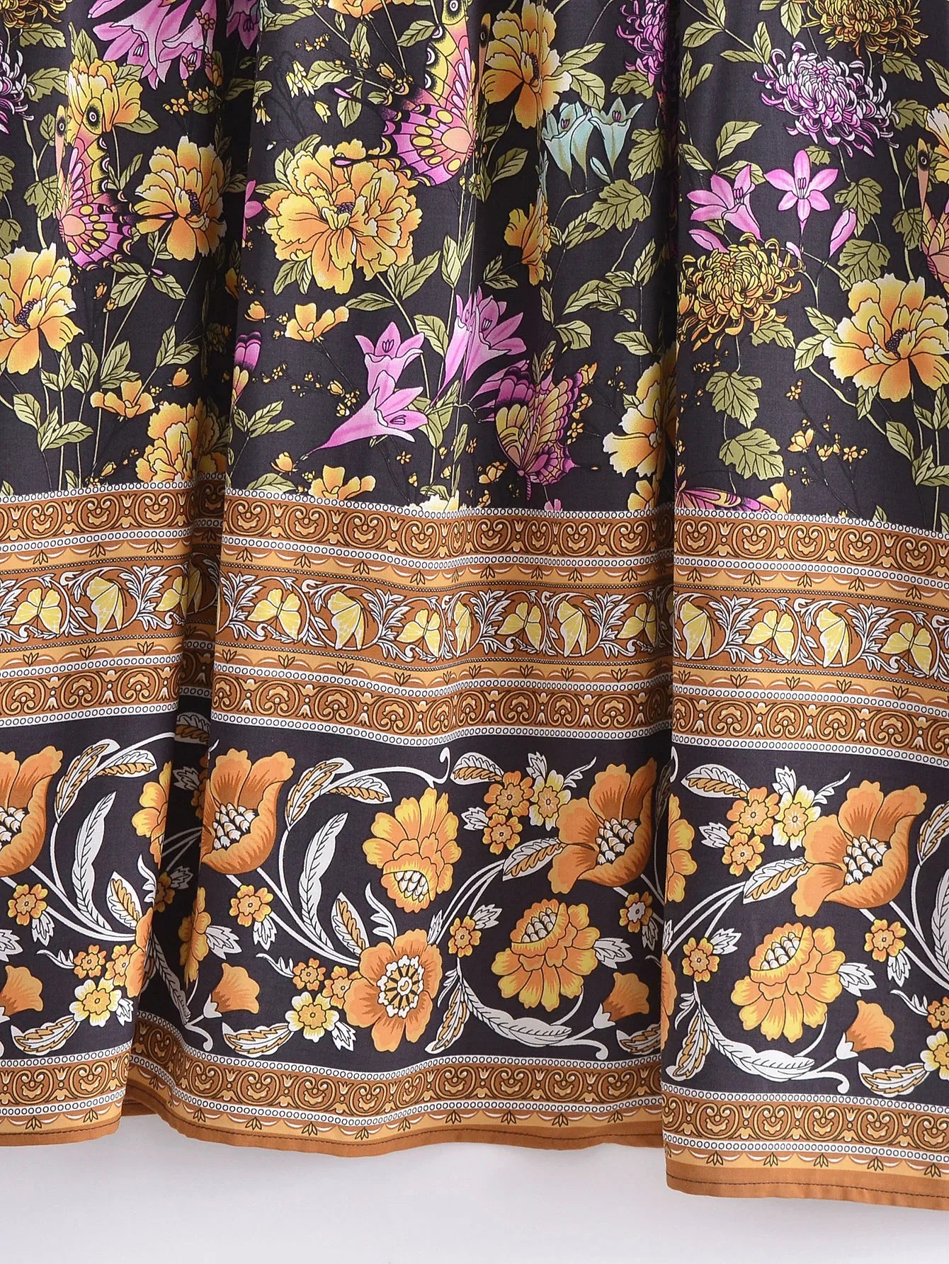 Black Butterfly Boho Floral Print Long Sleeve Maxi Dress