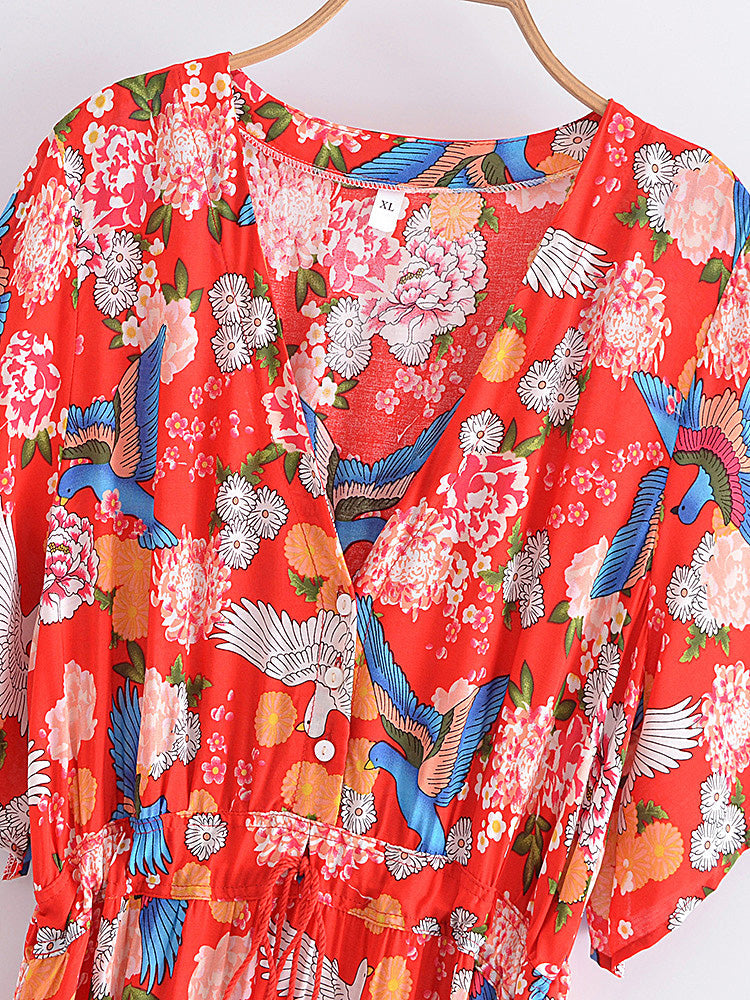 Red Freebird Boho Floral Print Maxi Dress