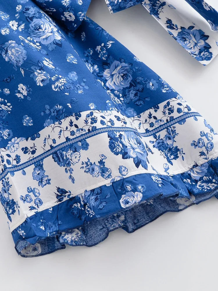Blue Rose Dreams Boho Floral Print Long Sleeve Crop Top