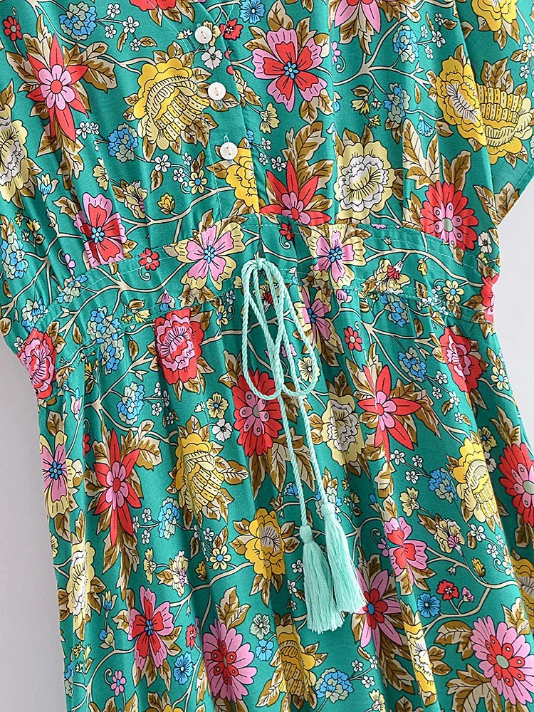 Teal Blooms Boho Floral Print Maxi Dress