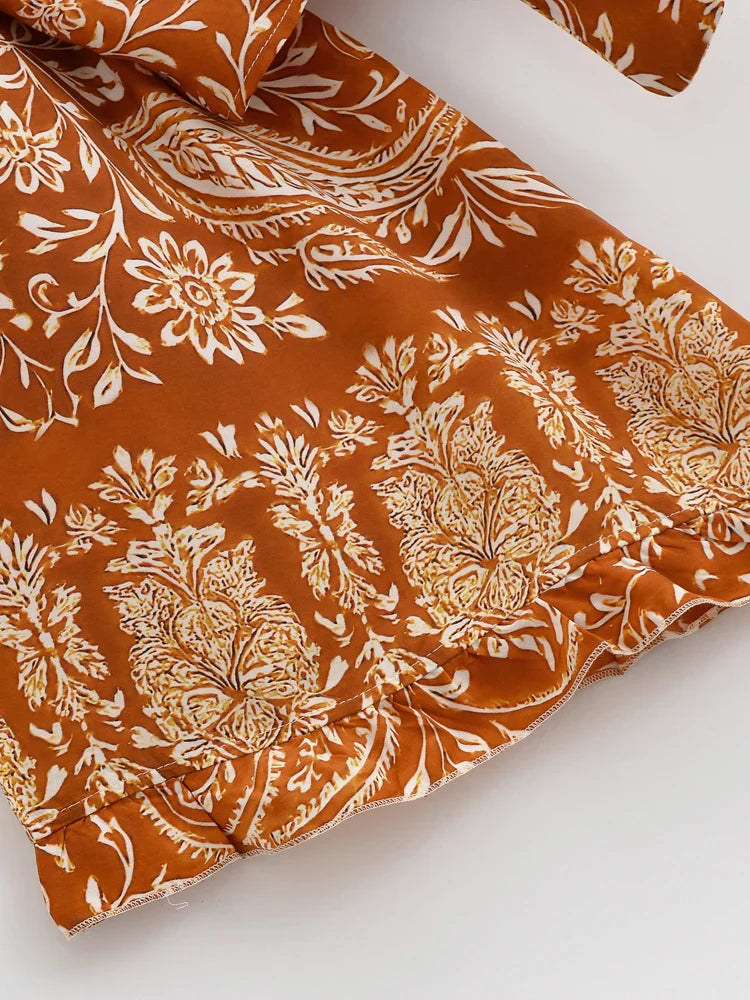 Burnt Sienna Boho Floral Print Long Sleeve Crop Top