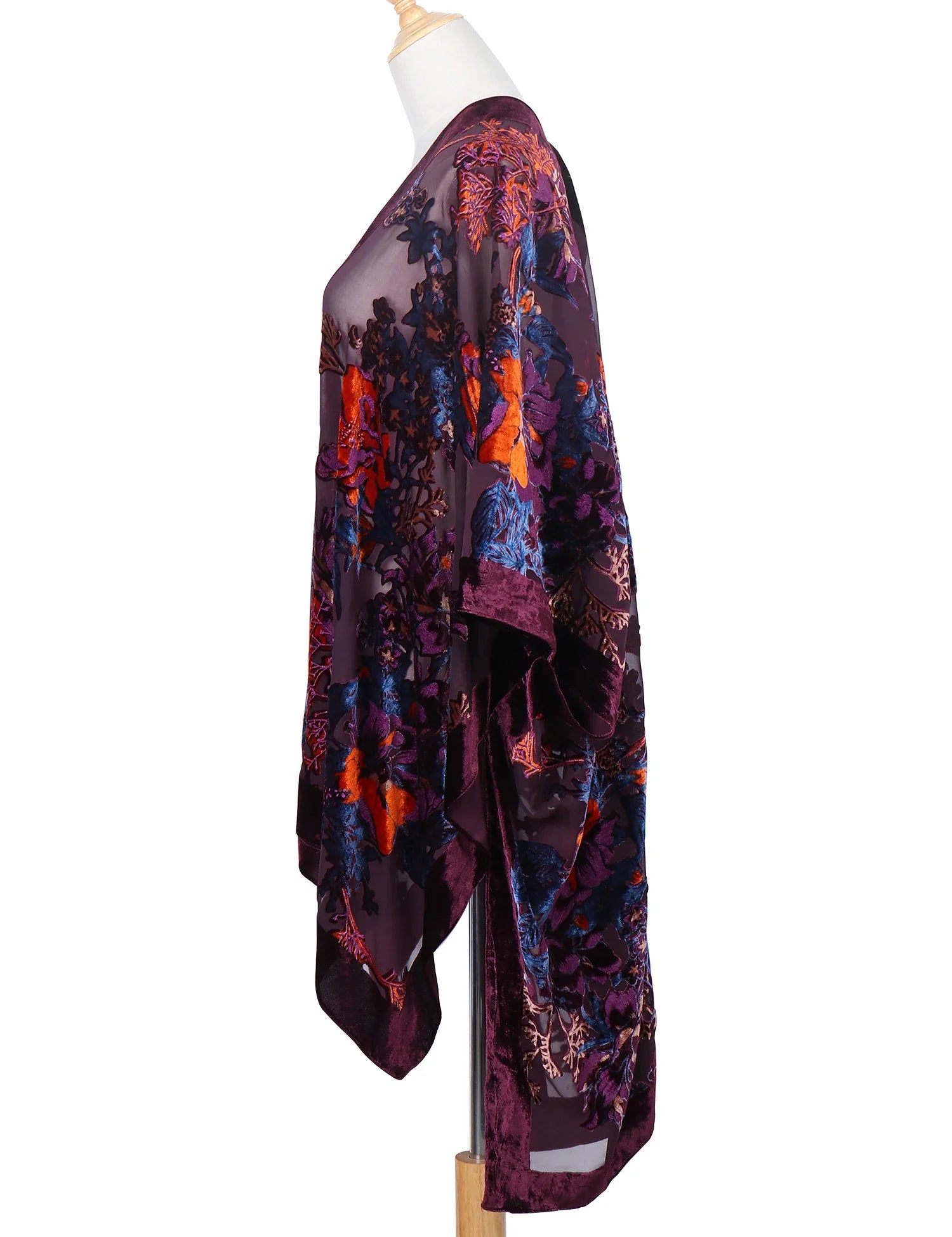 Plum Wine Floral Print Velvet Burnout Kimono