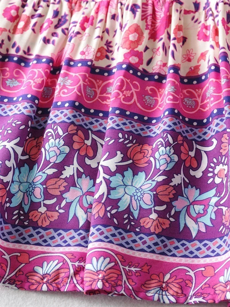 Pink Violet Floral Print Boho Maxi Skirt