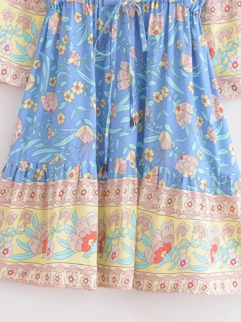 Sweetly Blooming Blue Boho Floral Print Mini Dress