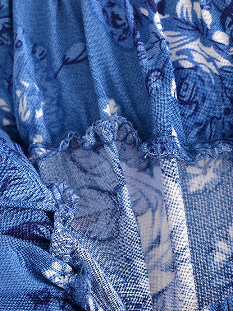 Cottage Blue Floral Print Boho Maxi Skirt