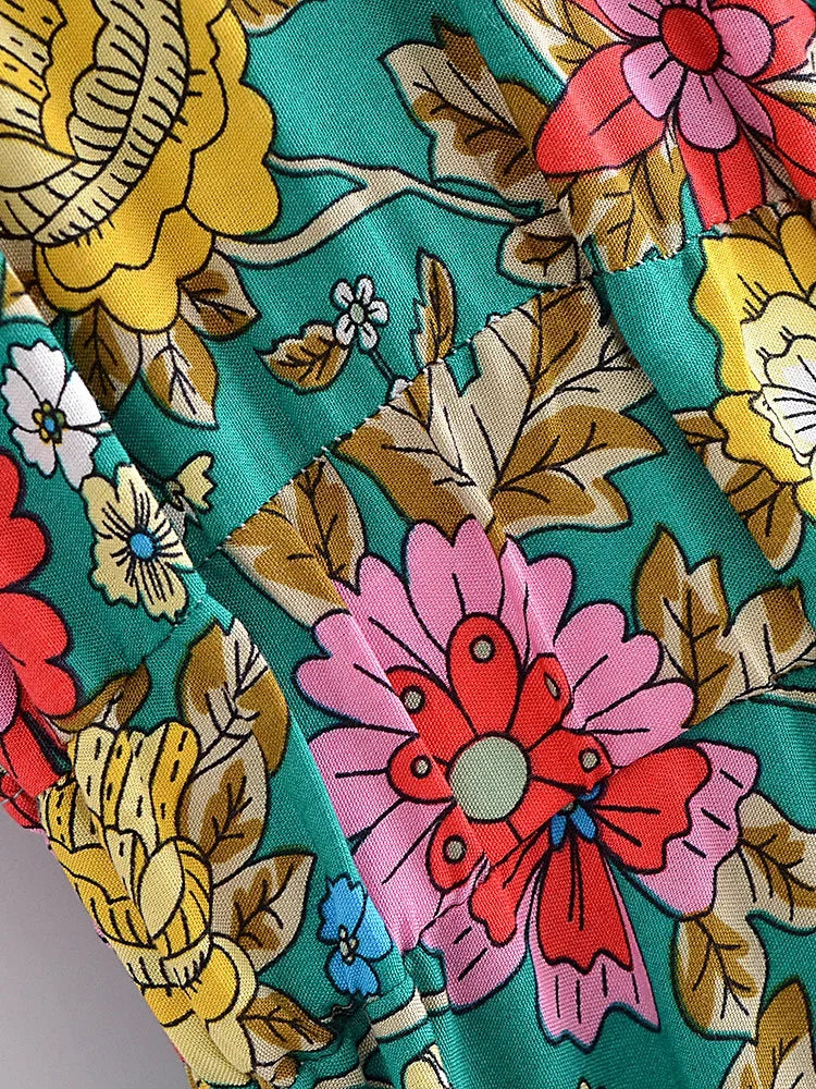 Teal Blooms Boho Floral Print Maxi Dress