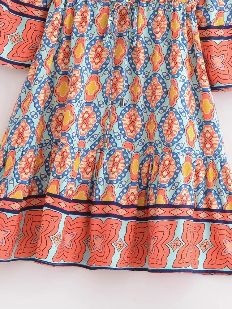 Blue Daze Boho Floral Print Long Sleeve Mini Dress