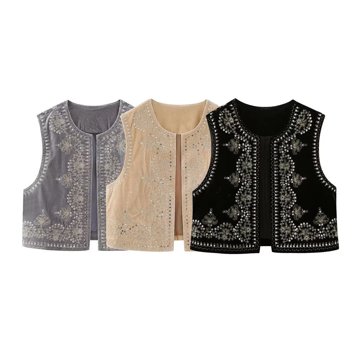 Cream Boho Sequin Embroidered Vest