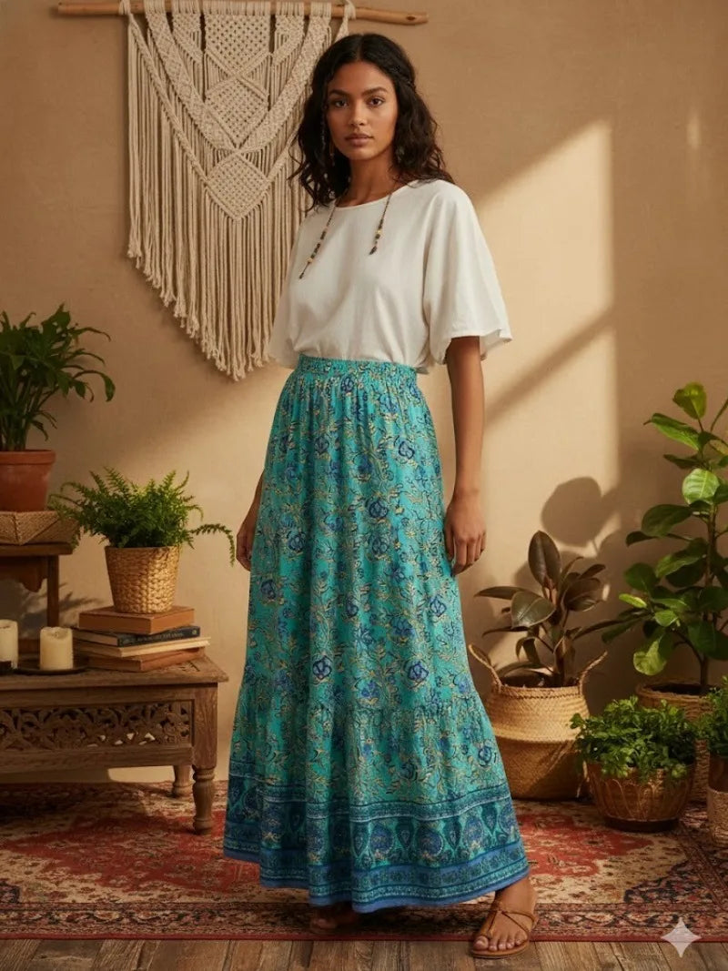 Lagoon Blossom Floral Print Boho Maxi Skirt
