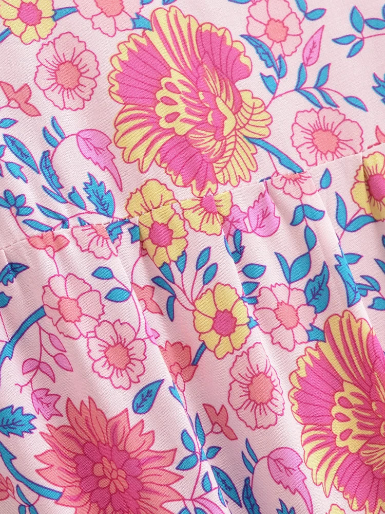 Dreamy Rose Pink Boho Floral Print Maxi Dress