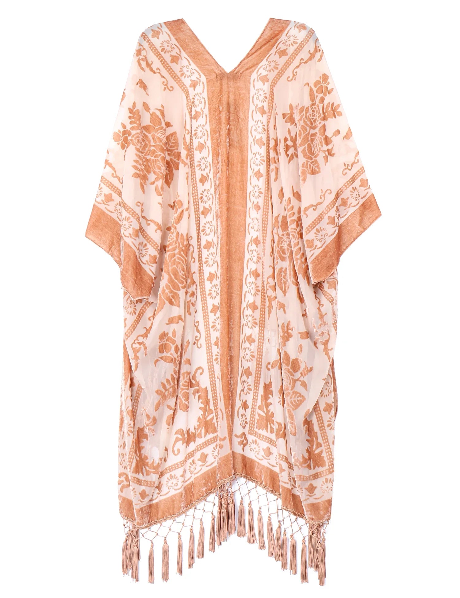 Peach Blossom Floral Print Velvet Burnout Kimono