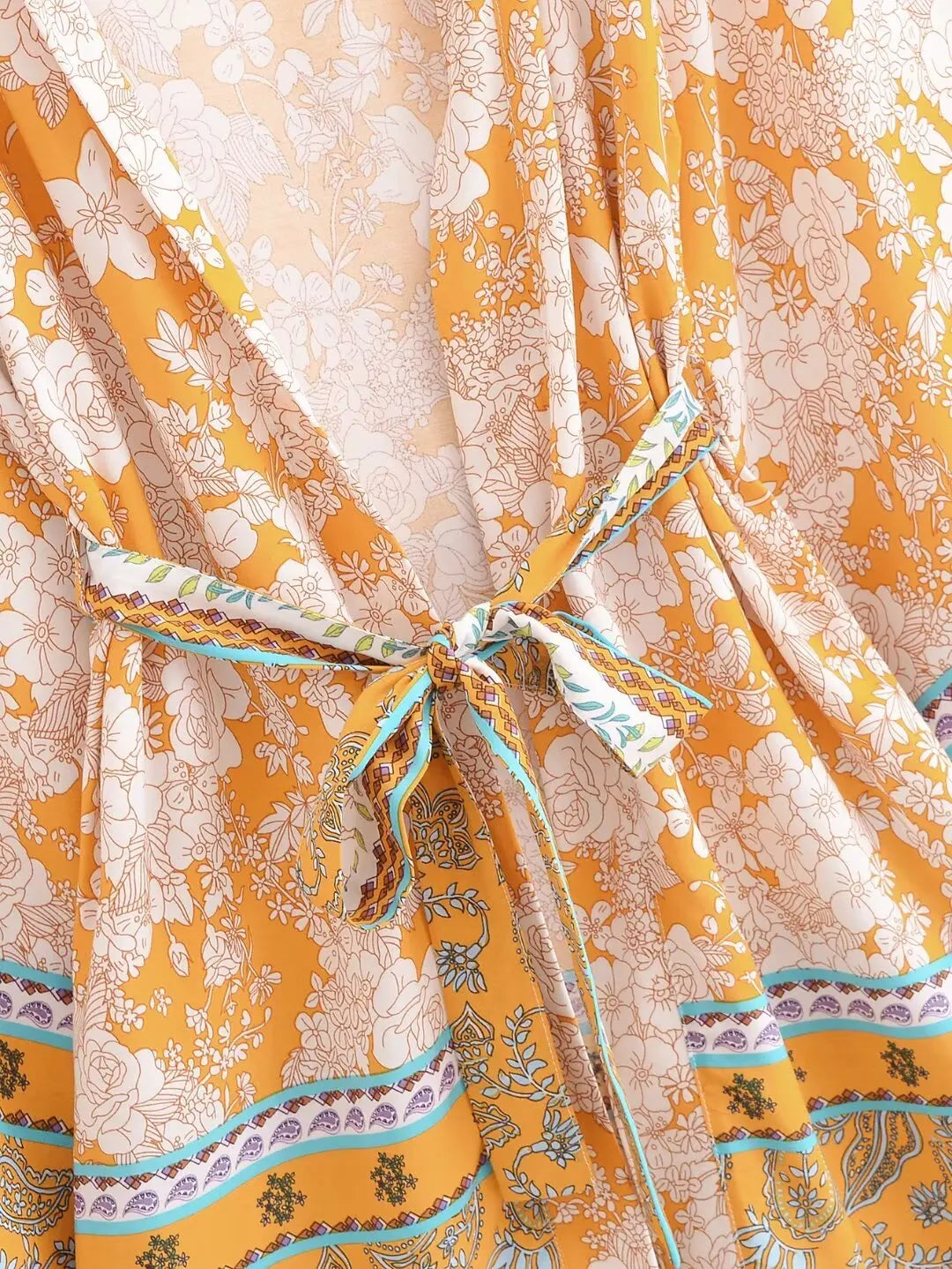 Saffron Bloom Boho Floral Print Short Robe