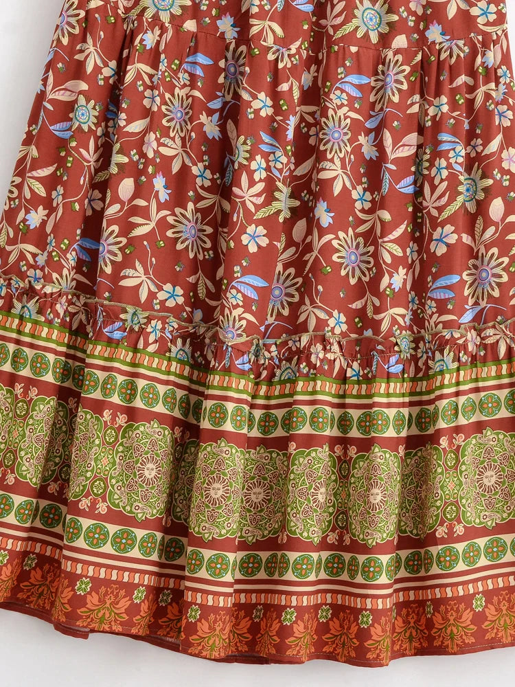 Henna Blossom Floral Print Boho Maxi Skirt