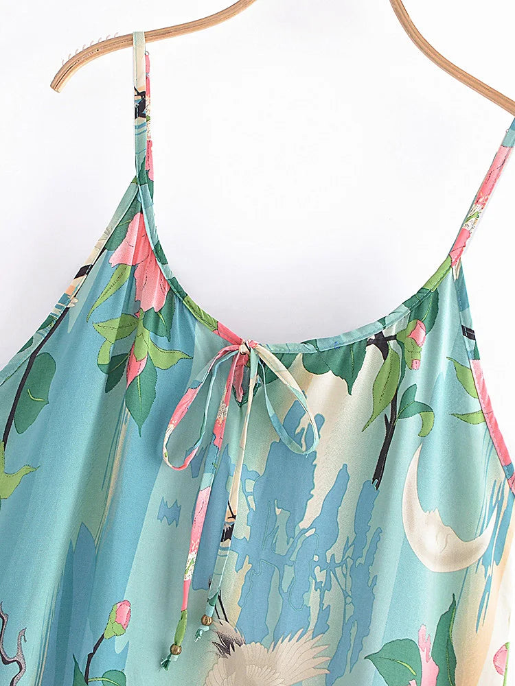 Moonlight Crane Boho Floral Print Midi Dress