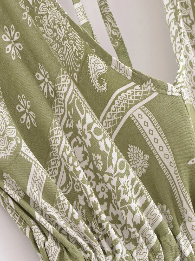 Mystic Moss Boho Floral Print Maxi Dress
