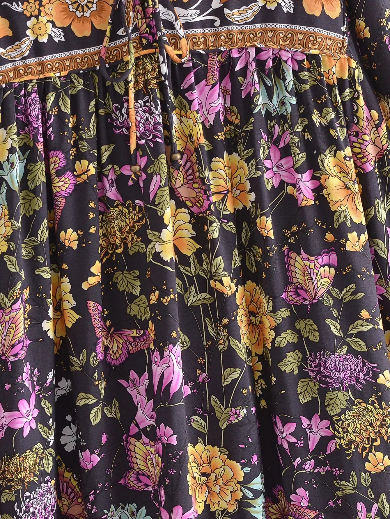 Black Butterfly Boho Floral Print Long Sleeve Maxi Dress