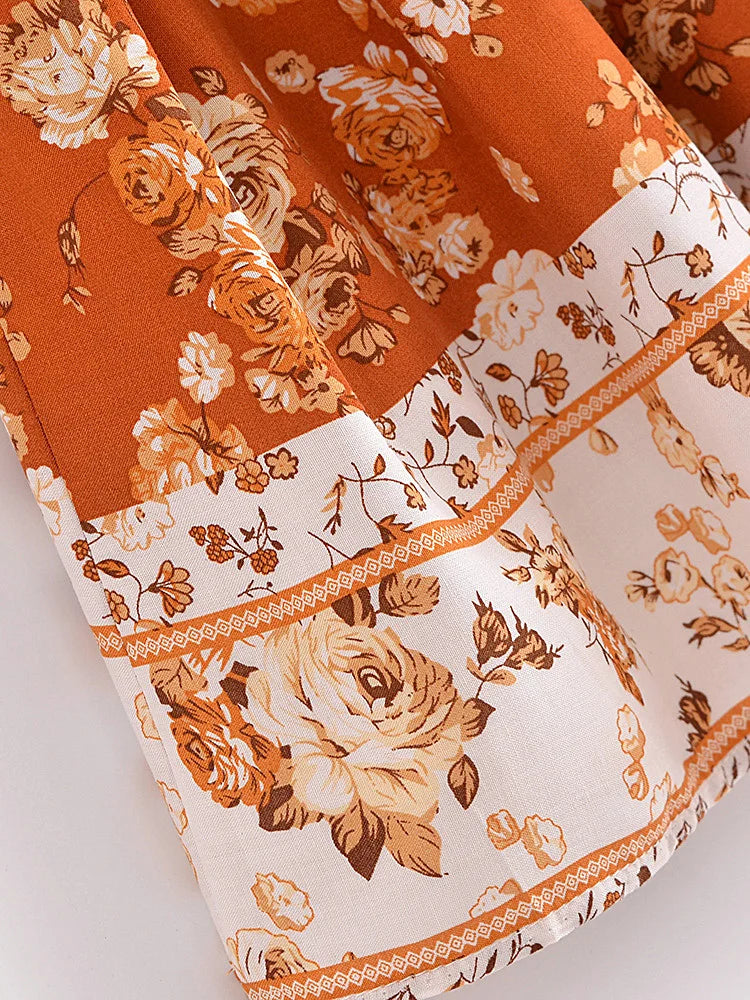 Amber Glow Floral Print Boho Maxi Skirt