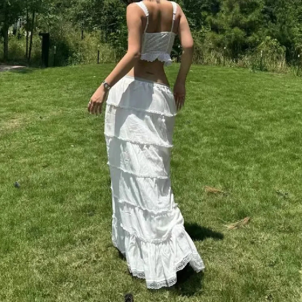 Heavenly White Boho Ruffle Maxi Skirt