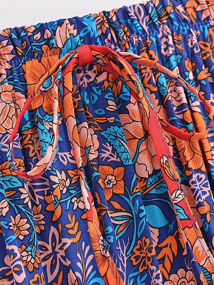 Sapphire Blue Floral Print Boho Maxi Skirt