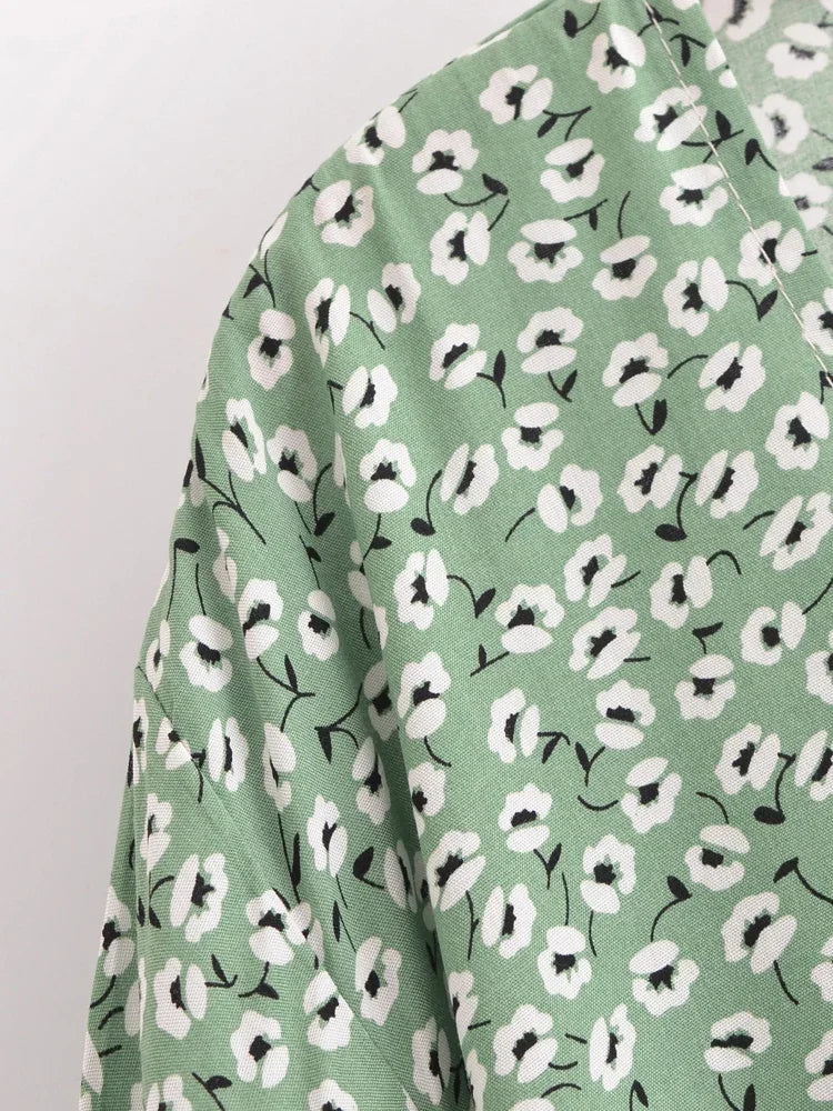 Green Poppy Boho Floral Print Long Sleeve Crop Top