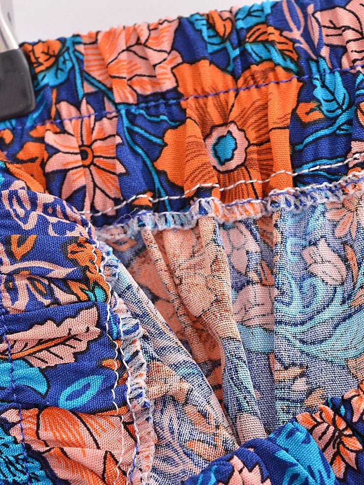 Sapphire Blue Floral Print Boho Maxi Skirt