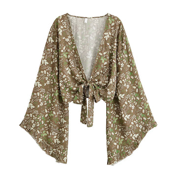 Olive Blossom Boho Floral Print Long Sleeve Crop Top