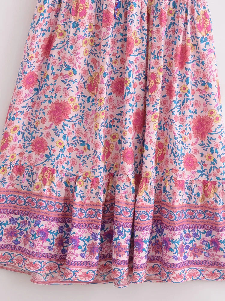 Dreamy Rose Pink Boho Floral Print Maxi Dress