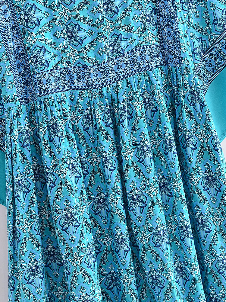 Blossom Blues Boho Floral Babydoll Mini Dress