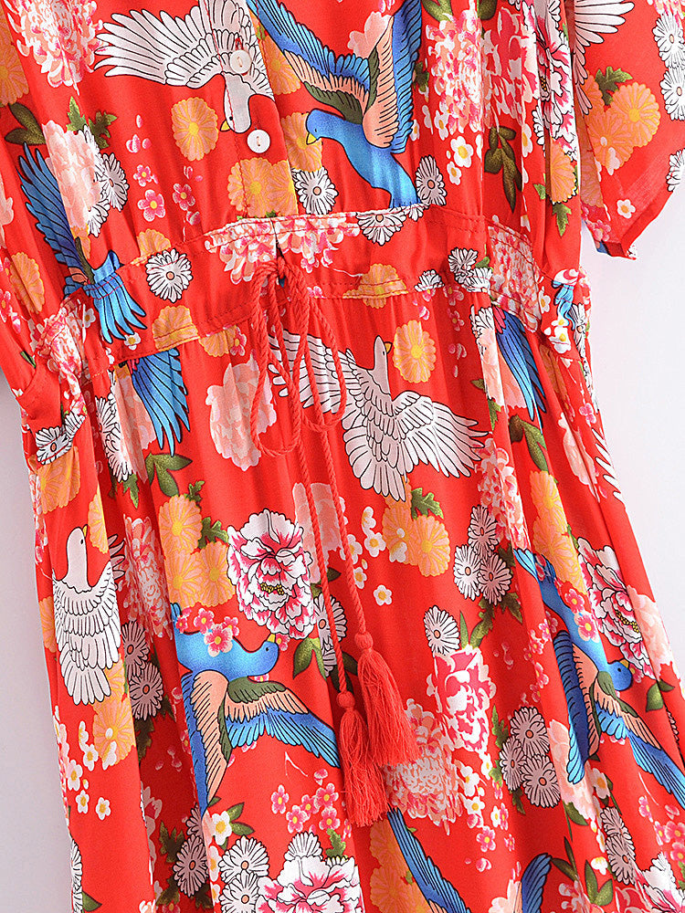 Red Freebird Boho Floral Print Maxi Dress