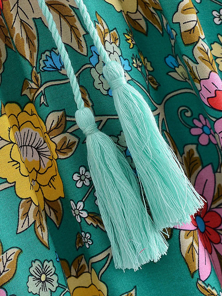 Teal Blooms Boho Floral Print Maxi Dress