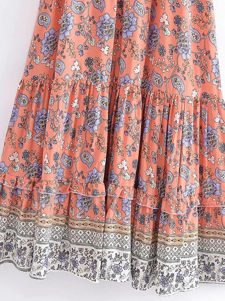 Coral Bloom Boho Floral Print Maxi Dress