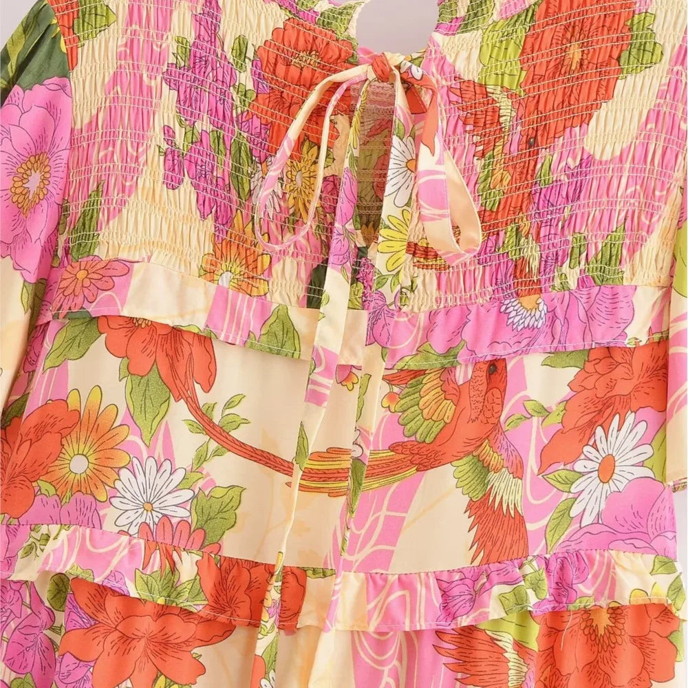 Paradise Sunset Boho Floral Print Midi Dress