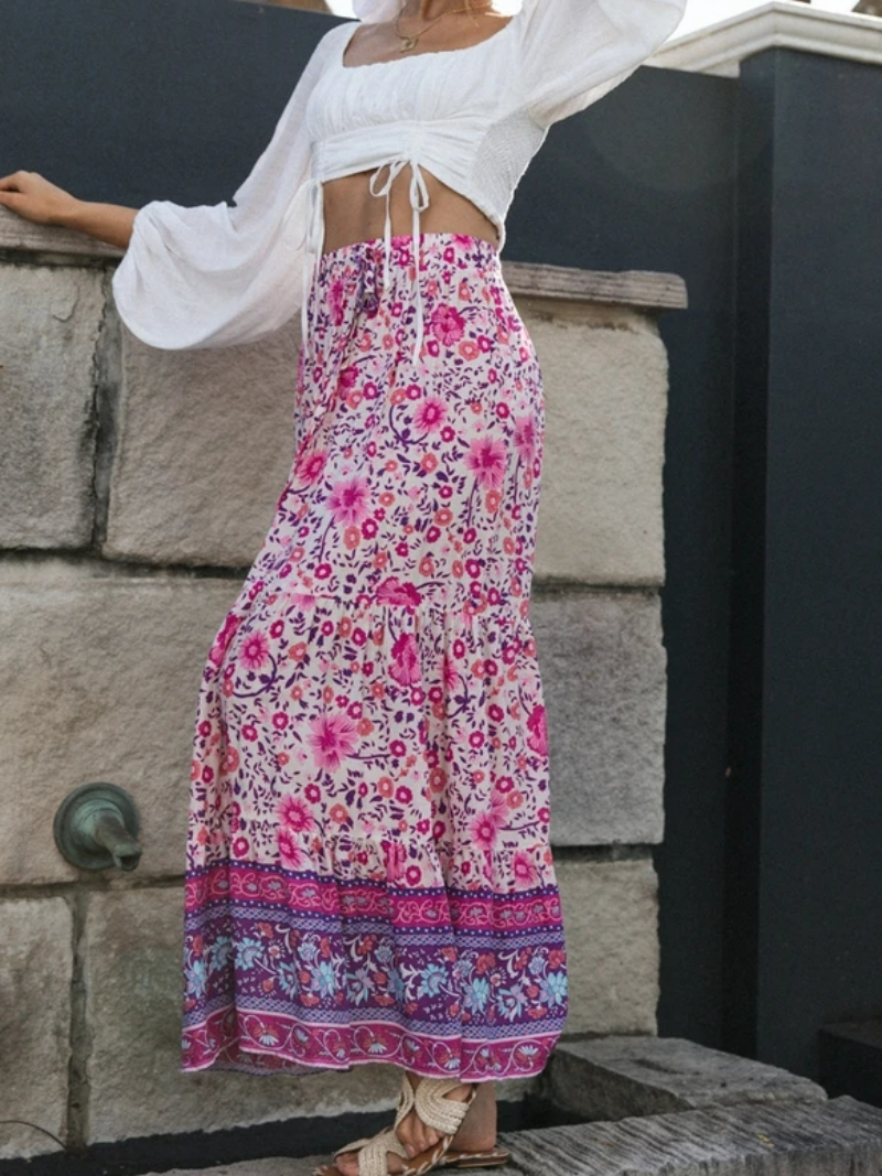 Pink Violet Floral Print Boho Maxi Skirt