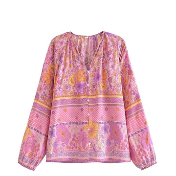 Pink Hibiscus Boho Floral Print Long Sleeve Blouse
