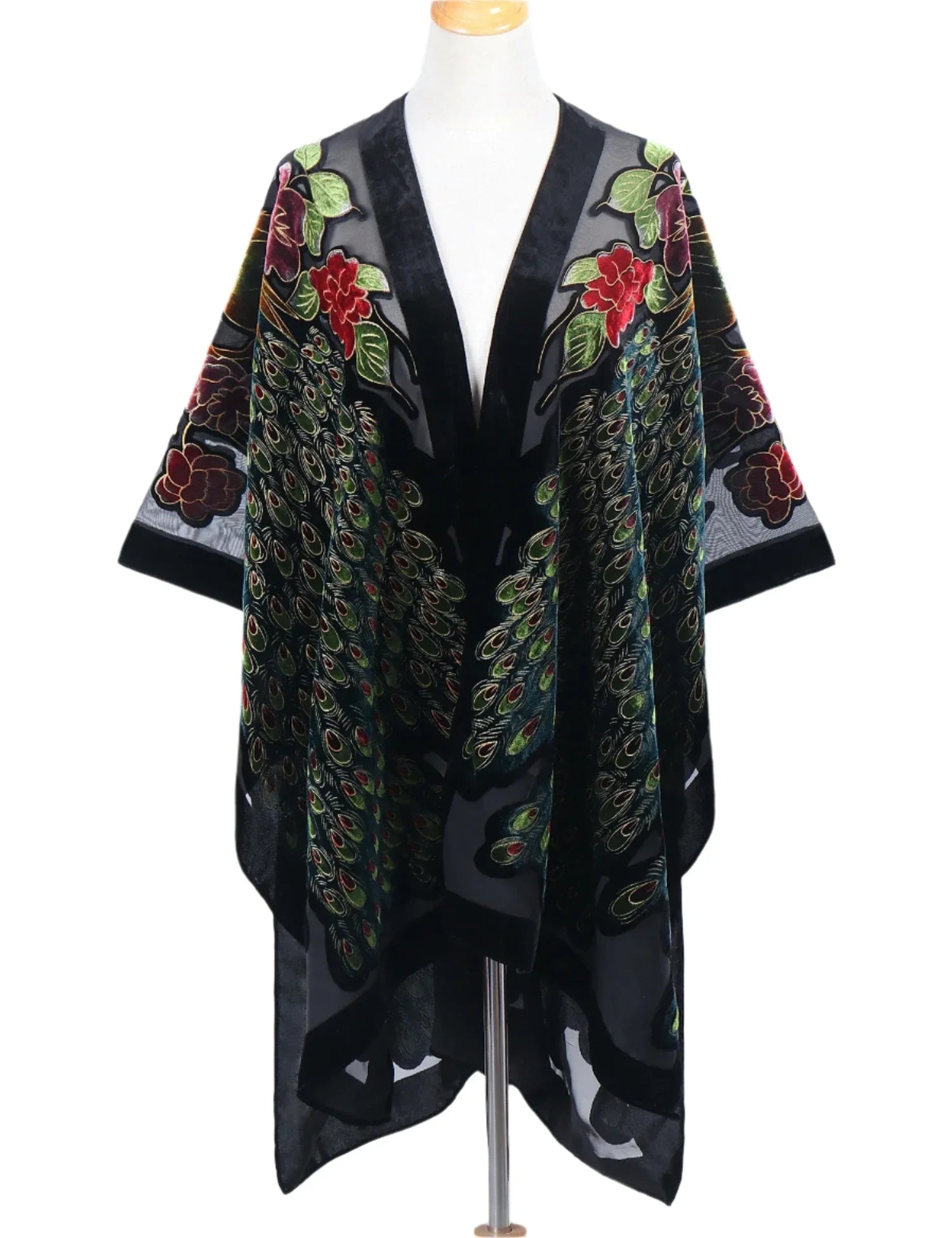 Enchanted Peacock Floral Print Velvet Burnout Kimono