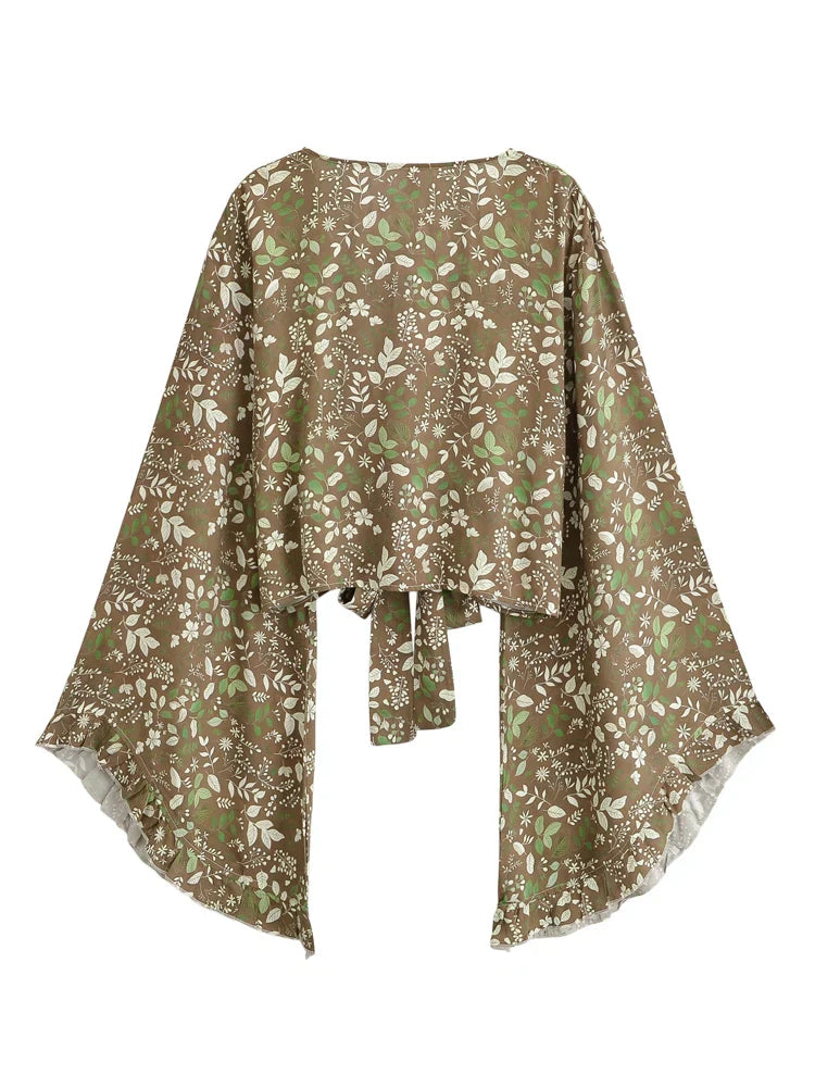 Olive Blossom Boho Floral Print Long Sleeve Crop Top
