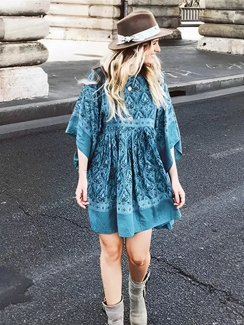 Blossom Blues Boho Floral Babydoll Mini Dress