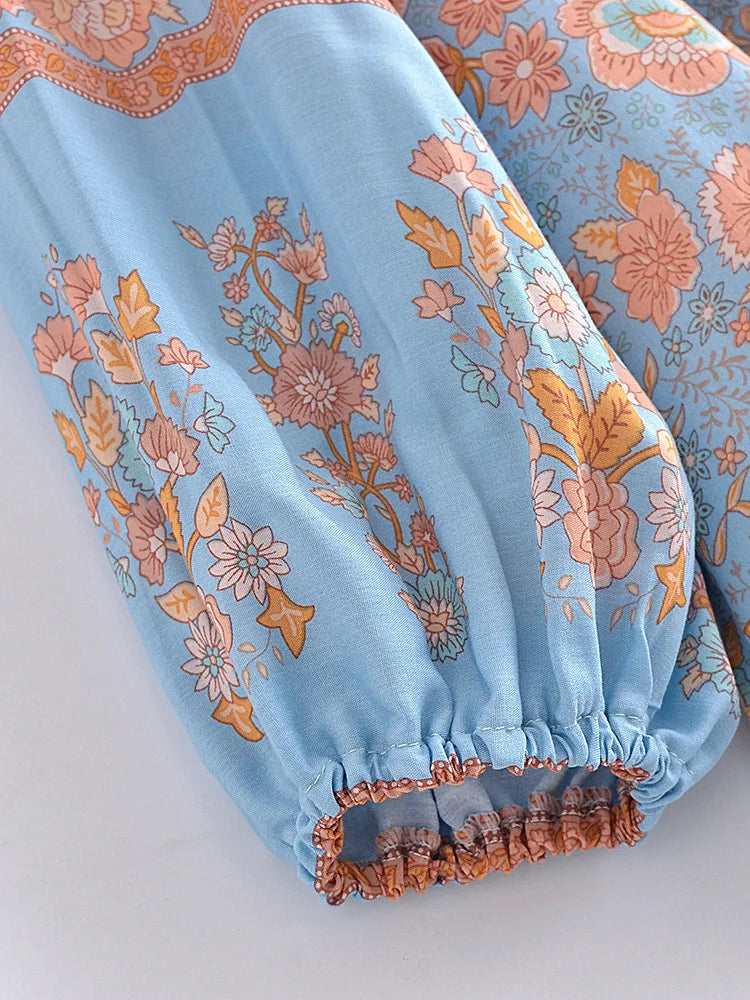 Blue Whisper Boho Floral Print Long Sleeve Blouse