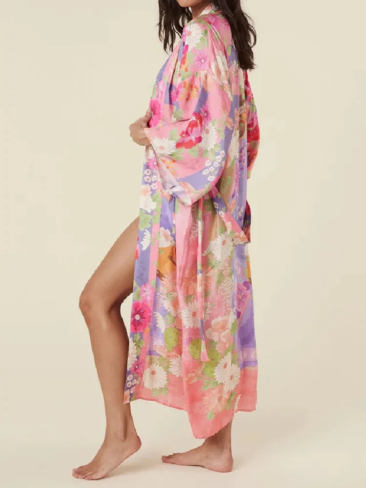 Pink Blooms Boho Floral Print Maxi Robe