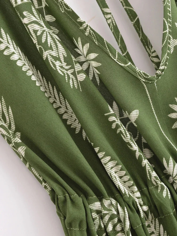 Sagewood Green Boho Floral Maxi Dress