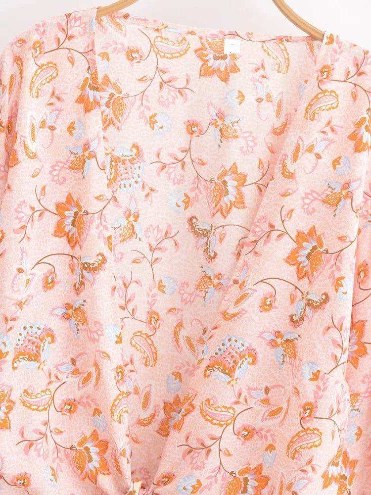 Sunset Glow Boho Floral Print Long Sleeve Crop Top