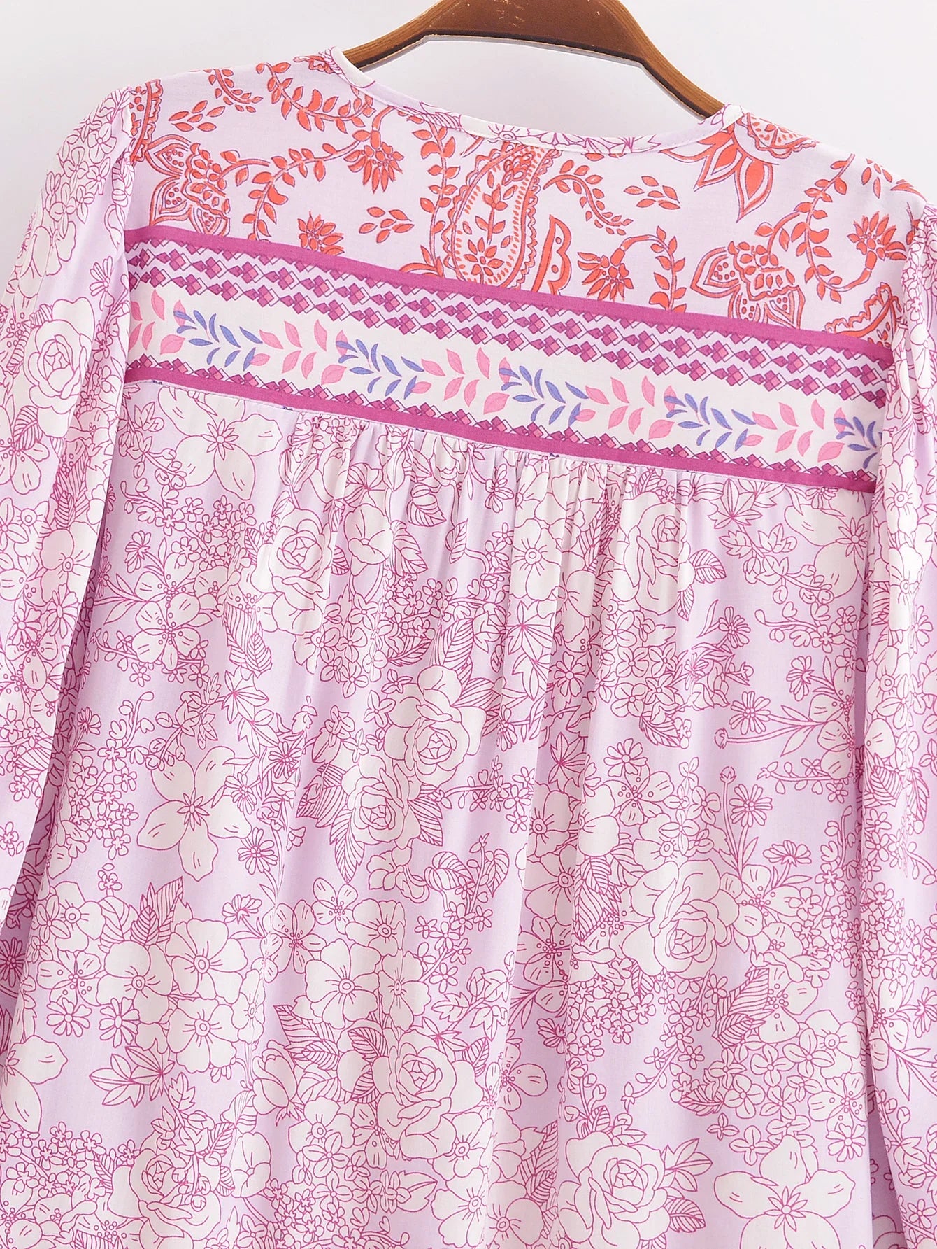 Serene Pink Boho Floral Print Long Sleeve Blouse