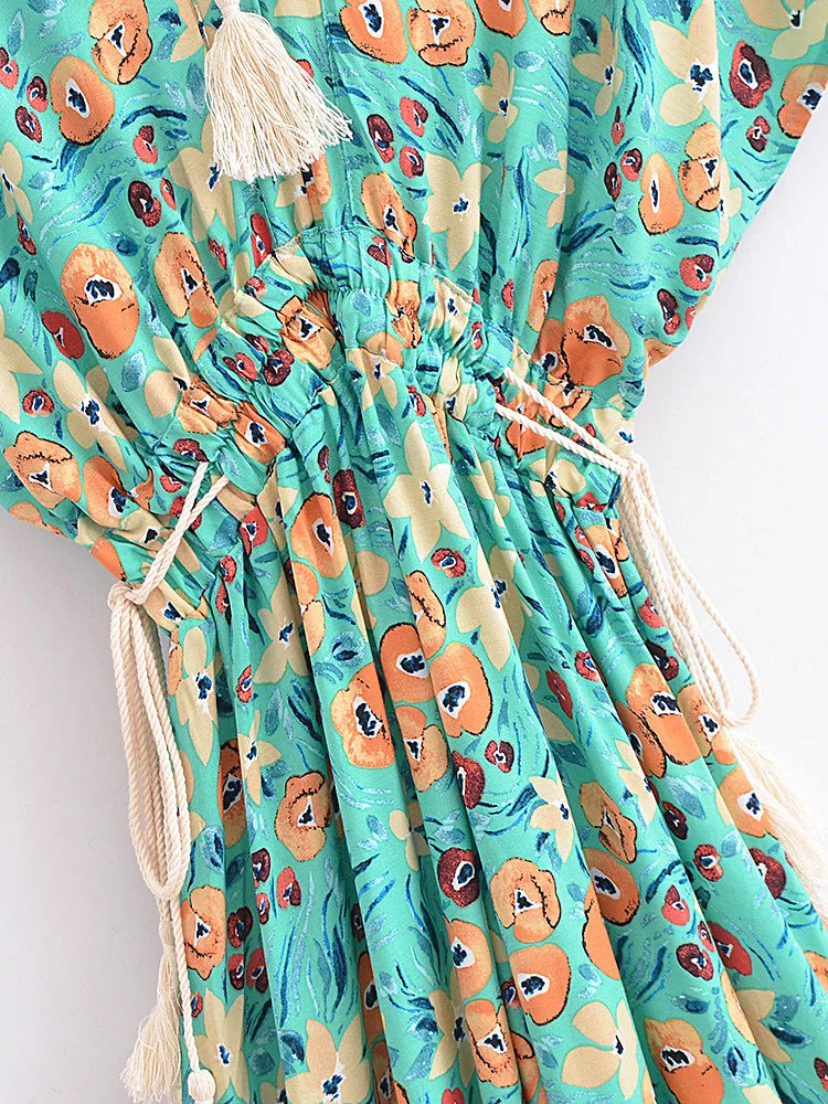 Evergreen Floral Boho Floral Print Midi Dress