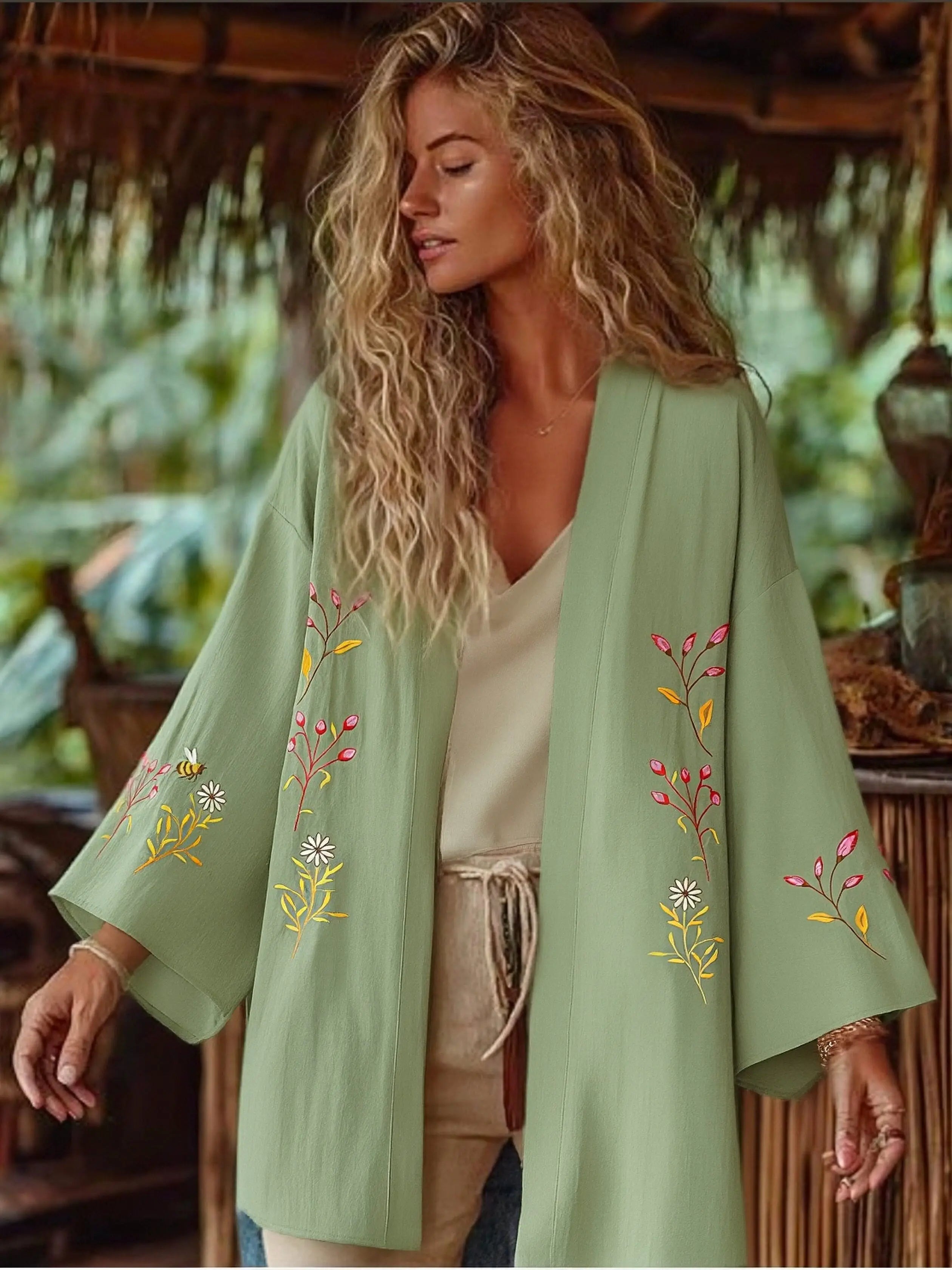 Sage Meadow Floral Embroidered Kimono Cardigan