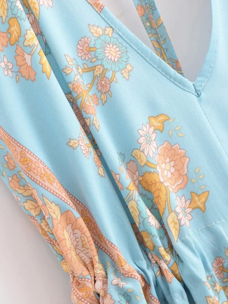 Enchanted Blue Boho Floral Print Maxi Dress