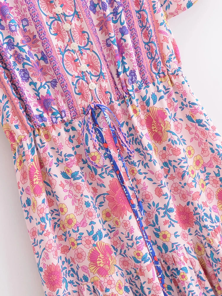 Dreamy Rose Pink Boho Floral Print Maxi Dress