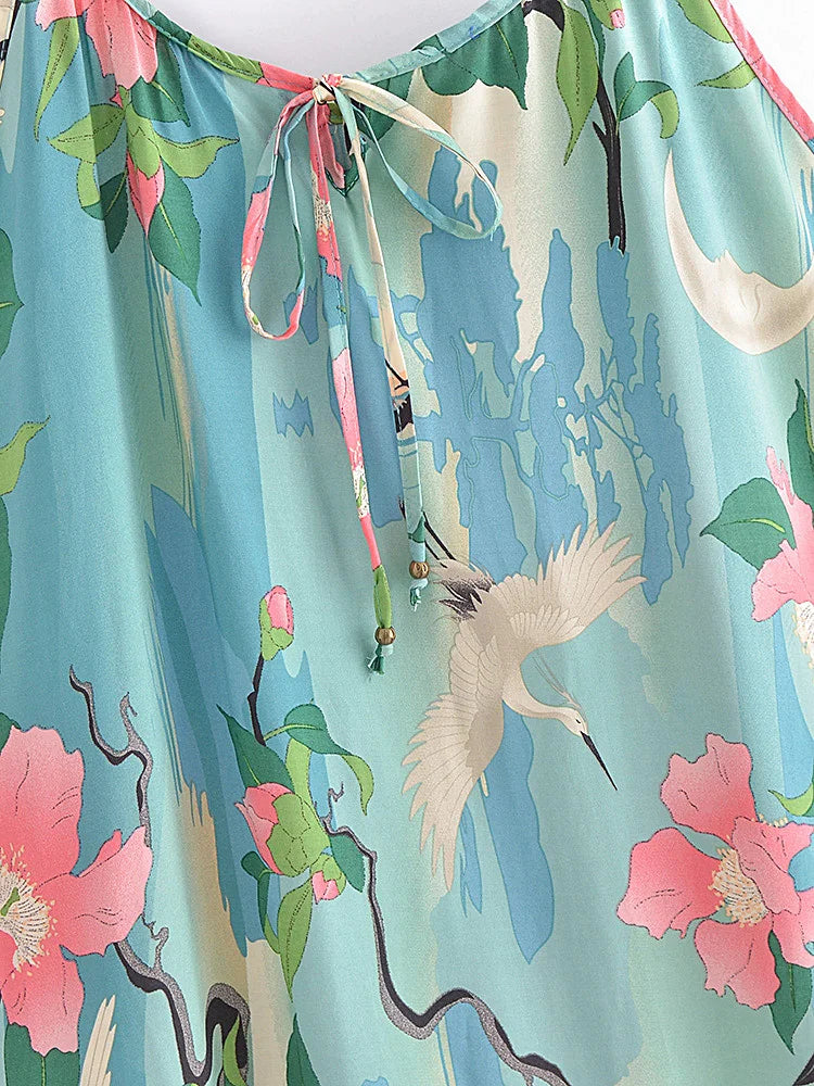 Moonlight Crane Boho Floral Print Midi Dress