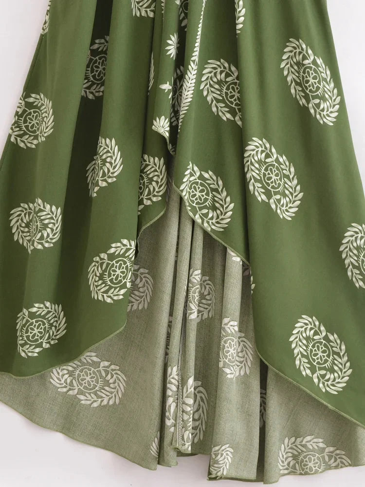 Sagewood Green Boho Floral Maxi Dress